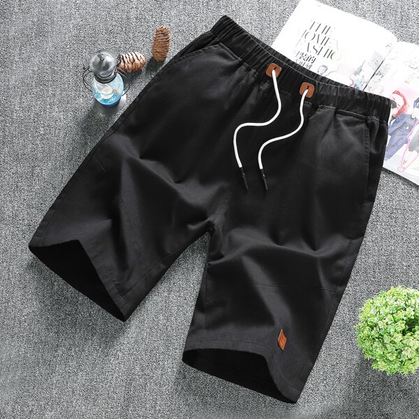 

Men Letter Patched Drawstring Waist Shorts, Black