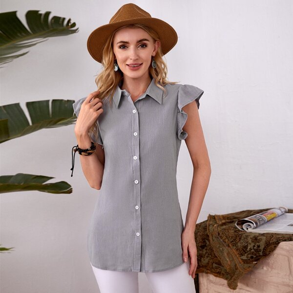 

Solid Ruffle Trim Button Up Blouse, Grey