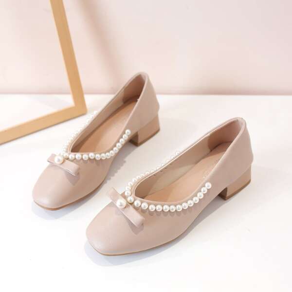 

Faux Pearl & Bow Decor Chunky Pumps, Dusty pink
