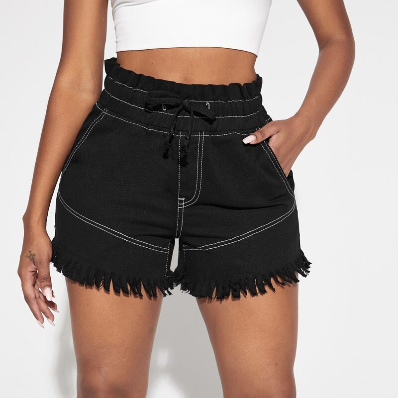 

Drawstring Waist Binding Raw Hem Denim Shorts, Black