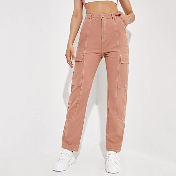 

Flap Pocket High Waist Cargo Jeans, Dusty pink