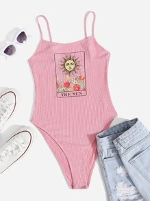SHEIN Letter & Floral Graphic Rib-knit Cami Bodysuit