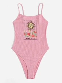 SHEIN Letter & Floral Graphic Rib-knit Cami Bodysuit