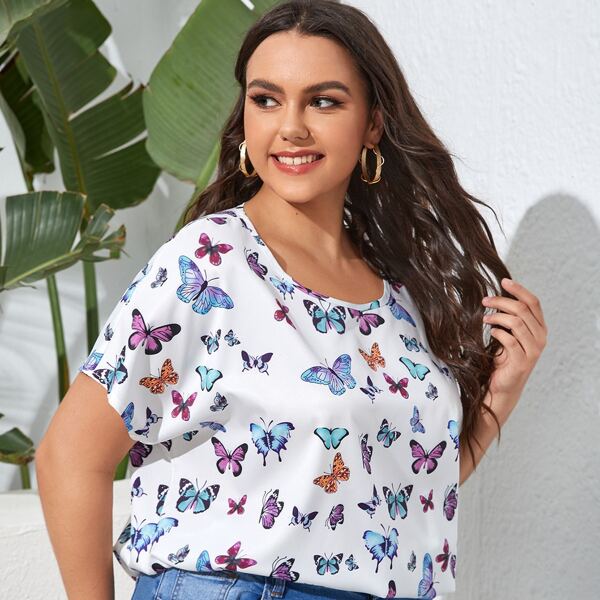 

Plus Allover Butterfly Print Blouse, Multicolor