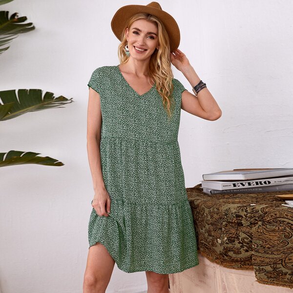 

All Over Print V-neck Ruffle Hem Smock Dress, Green