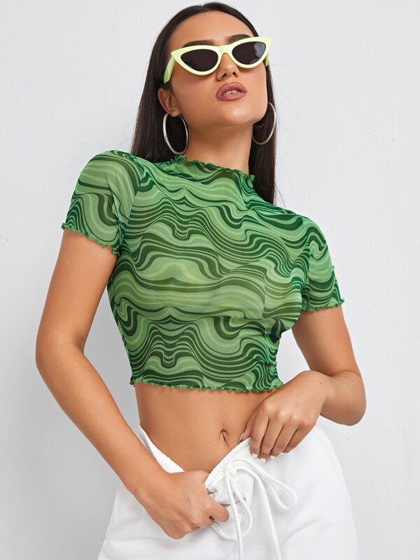 SHEIN ICON Top crop din plasă cu volan cu imprimeu de marmură