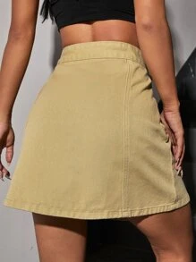 Solid Button Front Denim Skirt - Khaki - View 2