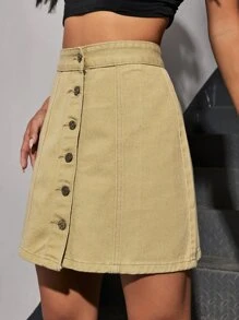 Solid Button Front Denim Skirt - Khaki - View 3
