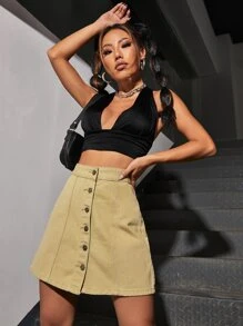 Solid Button Front Denim Skirt - Khaki - View 4
