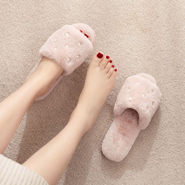 

Faux Pearl Decor Fluffy Slippers, Pink