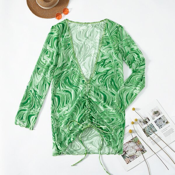 

Abstract Fluid Pattern Drawstring Cover Up, Green
