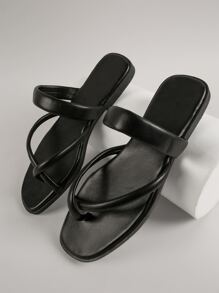 皮革交叉腳趾套穿涼鞋 - 黑色 - 查看 1