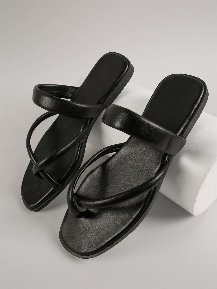 皮革交叉腳趾套穿涼鞋 - 黑色 - 查看 1