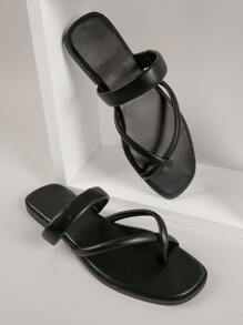 皮革交叉腳趾套穿涼鞋 - 黑色 - 查看 3