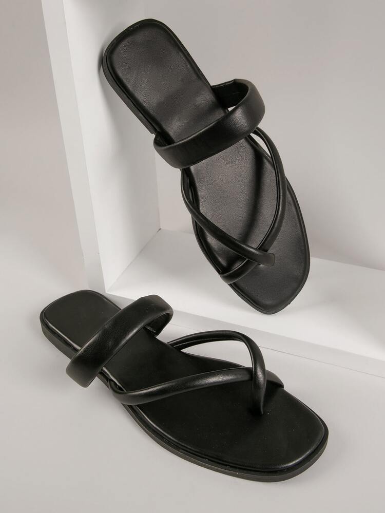 皮革交叉腳趾套穿涼鞋 - 黑色 - 查看 3