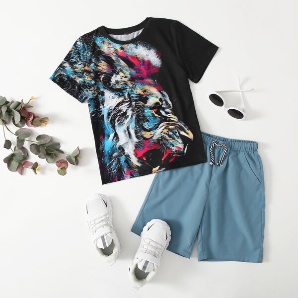 

Boys Lion Print Top & Shorts Set, Black