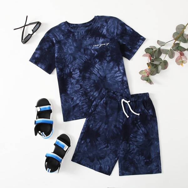 

Boys Slogan Graphic Tee and Tie Dye Track Shorts Set, Royal blue