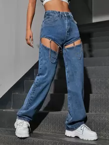 Chain Cut Out Wide Leg Boyfriend Jeans - Medium Wash - View 3