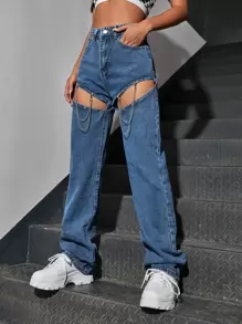 Chain Cut Out Wide Leg Boyfriend Jeans - Medium Wash - View 4