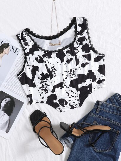 SHEIN EZwear Splattered Paint Lace Trim Tank Top
