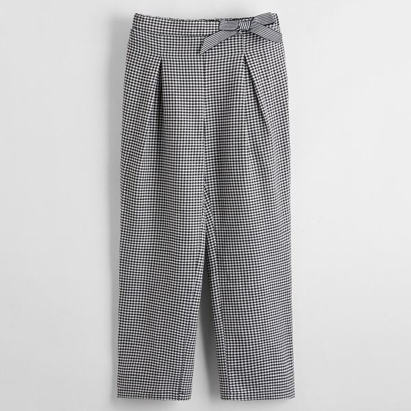 

Girls Gingham Print Bow Front Fold Plicated Pants, Black and white