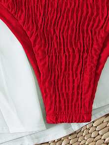 Plain Smocked Bikini For Summer Beach Vacation - Red - View 7
