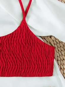 Plain Smocked Bikini For Summer Beach Vacation - Red - View 3