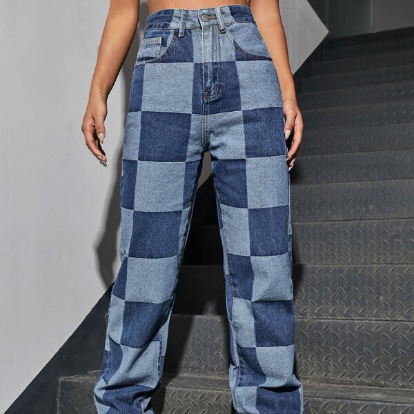 

High Waist Checkered Straight Leg Jeans, Multicolor