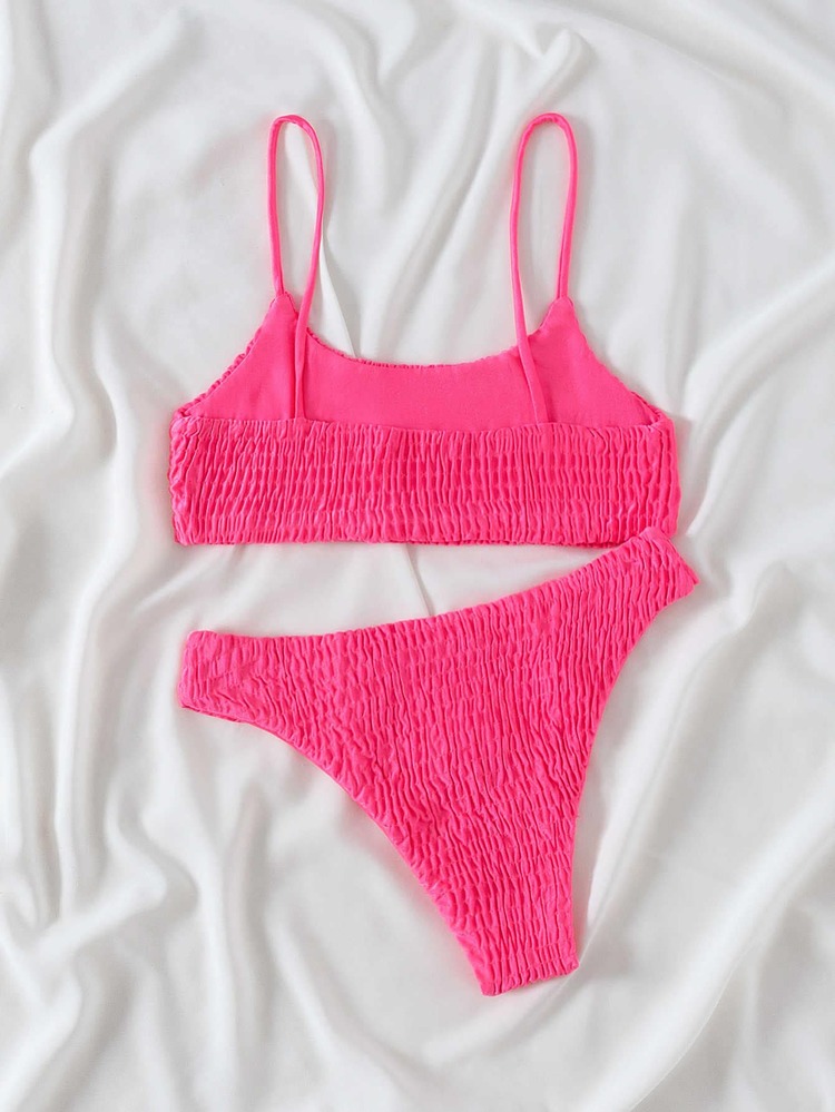 Plain Smocked Bikini For Summer Beach Vacation - Hot Pink - View 2