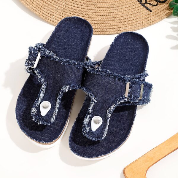 

Buckle Decor Denim Thong Sandals, Navy blue