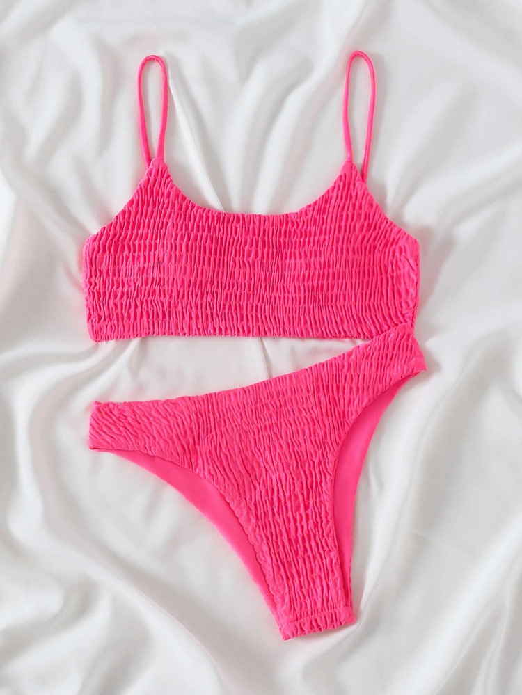 Plain Smocked Bikini For Summer Beach Vacation - Hot Pink - View 4