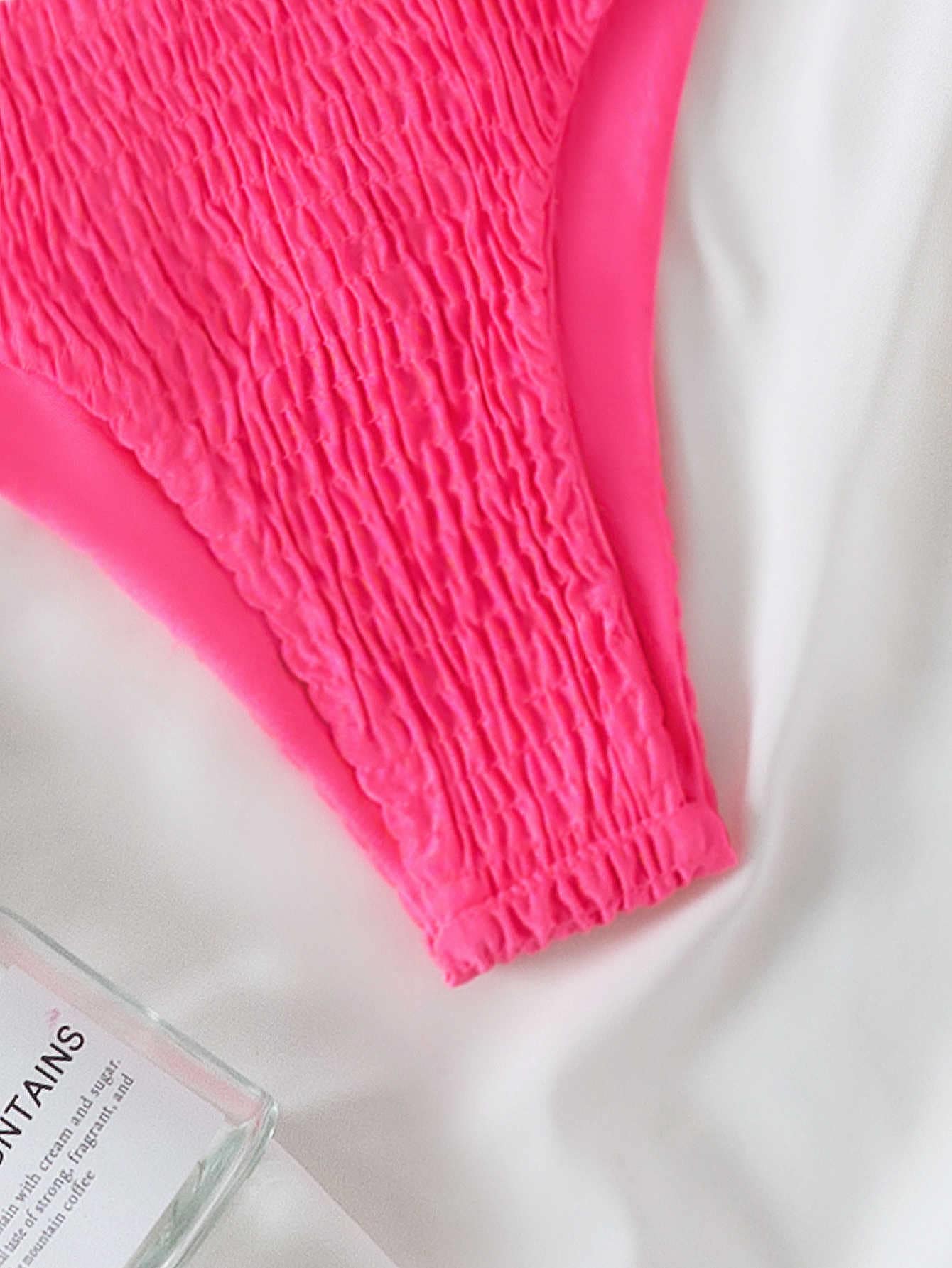 Plain Smocked Bikini For Summer Beach Vacation - Hot Pink - View 5