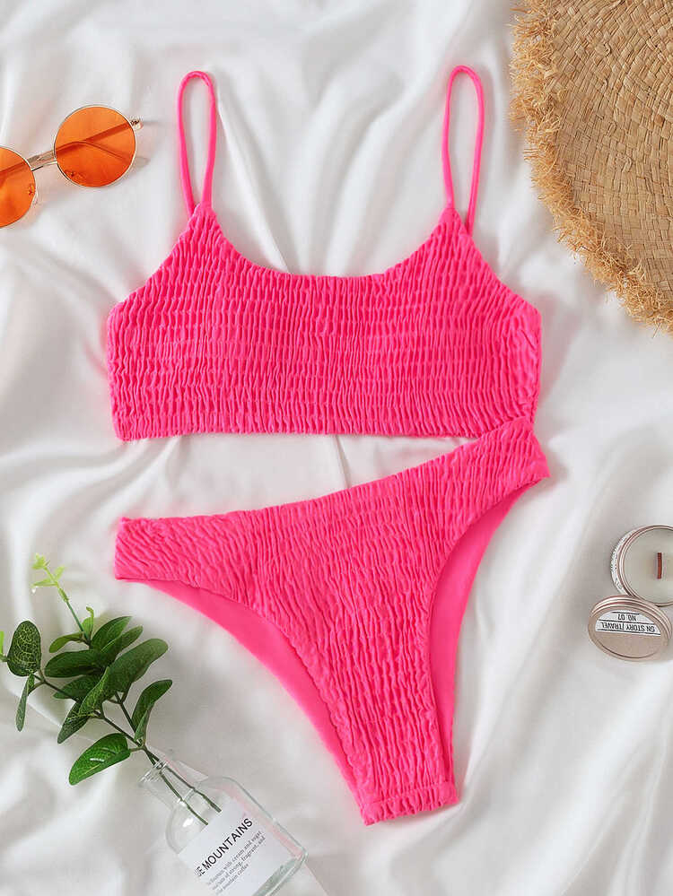 Plain Smocked Bikini For Summer Beach Vacation - Hot Pink - View 6