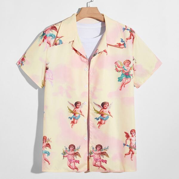 

Men Angel Print Lapel Neck Shirt, Multicolor