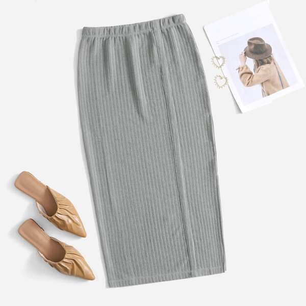 

Solid Rib Knit Pencil Skirt, Grey