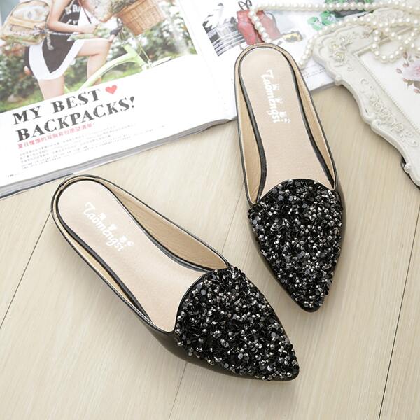 

Sequin Decor Flat Mules, Black