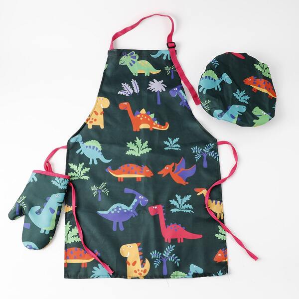 

3pcs Dinosaur Print Apron & Baking Hat & Oven Glove, Multicolor