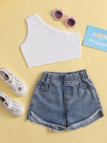 Top de un hombro con shorts mezclilla - Azul y blanco - Ver 1