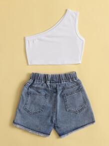 Top de un hombro con shorts mezclilla - Azul y blanco - Ver 2