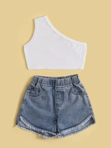 Top de un hombro con shorts mezclilla - Azul y blanco - Ver 4