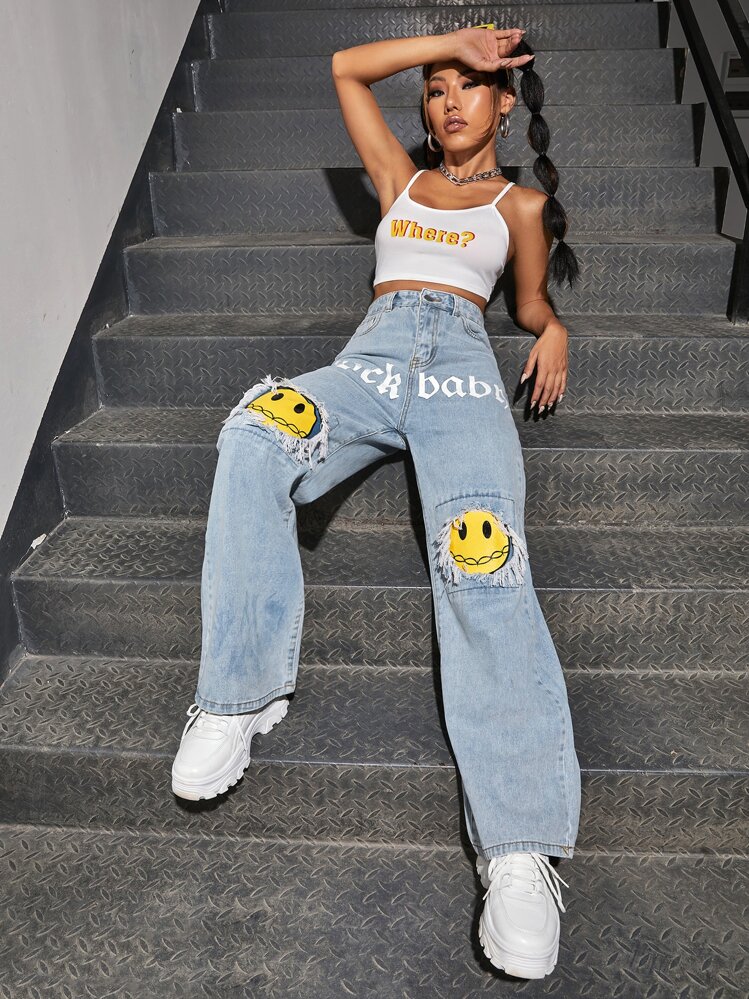 Letter & Figure Graphic Jeans - Light Wash - View 1