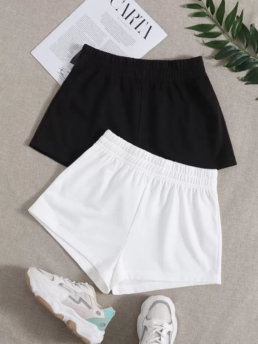 SHEIN EZwear 2 Packs Solid Elastic Waist Track Summer Outfits Shorts - Black and White - View 1