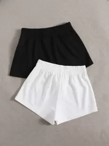 SHEIN PETITE 2 Packs Solid Elastic Waist Track Summer Outfits Shorts - Multicolor - View 3
