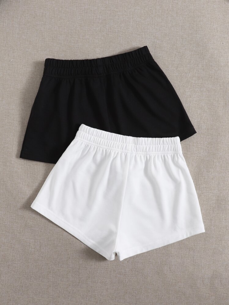 SHEIN PETITE 2条装纯色弹性腰部运动短裤（夏季） - 彩色 - 查看 3