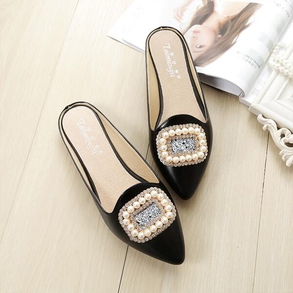 

Faux Pearl Decor Flat Mules, Black