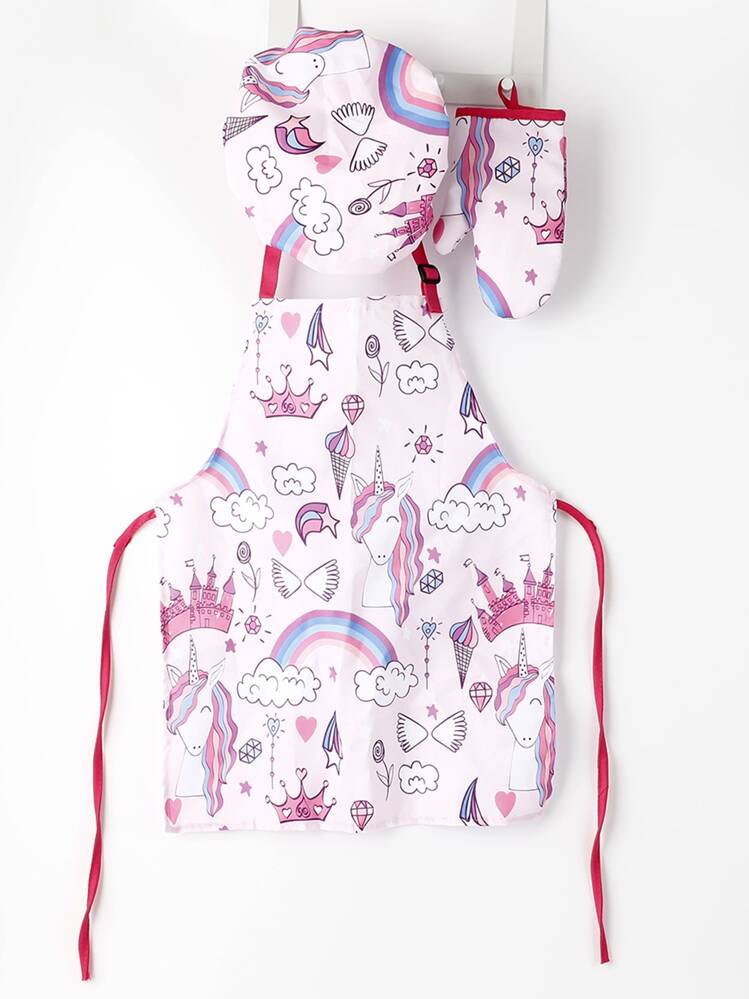 3 件装独角兽印花围裙、烘焙帽和烤箱手套、厨房、浴室、家居、家居用品供应商 - 彩色 - 查看 1