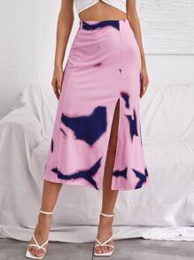 Graphic Print Split Front Skirt - Multicolor - View 1