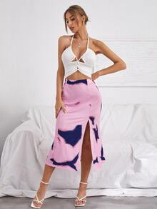 Graphic Print Split Front Skirt - Multicolor - View 3