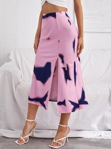 Graphic Print Split Front Skirt - Multicolor - View 4