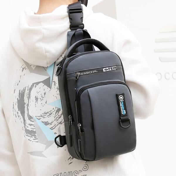 

Men Letter Graphic Sling Bag, Grey